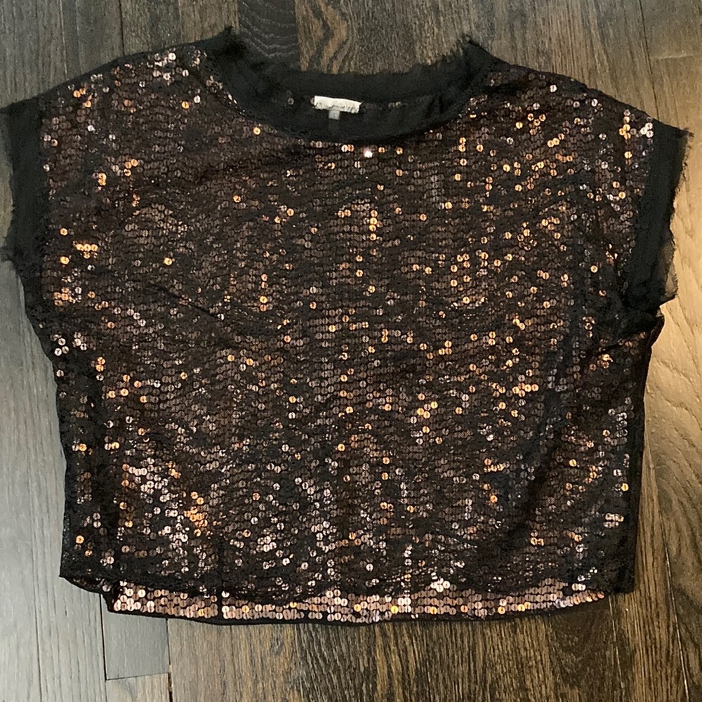JOIE boxy bronze metallic sequin top with black lace overlay. NWT size small